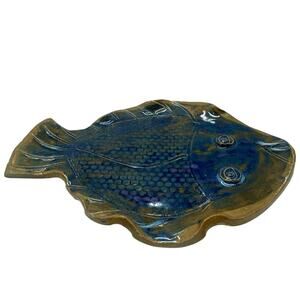 Handmade Studio Ceramic Art Pottery Blue Fish‎ Serving Plate Trinket dish SIGNED